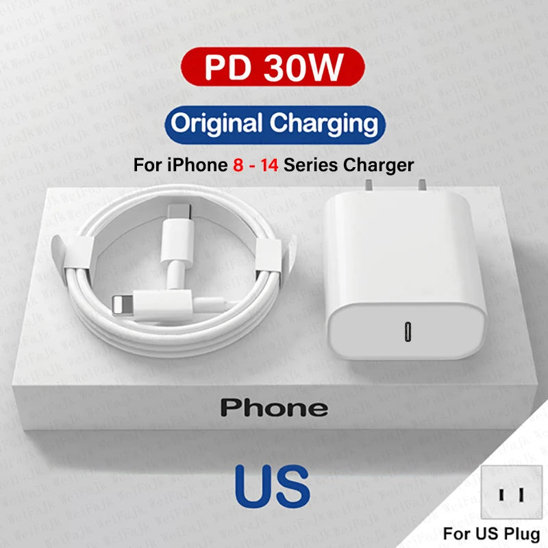 30W PD Fast Charger For iPhone with USB-C to Lightning Cable