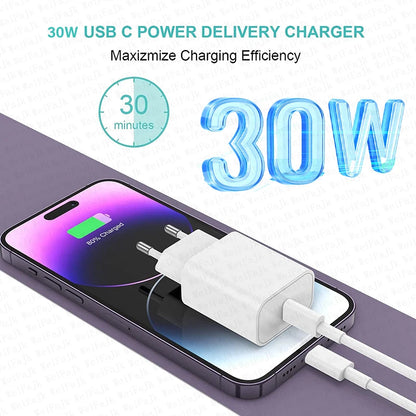 30W PD Fast Charger For iPhone with USB-C to Lightning Cable